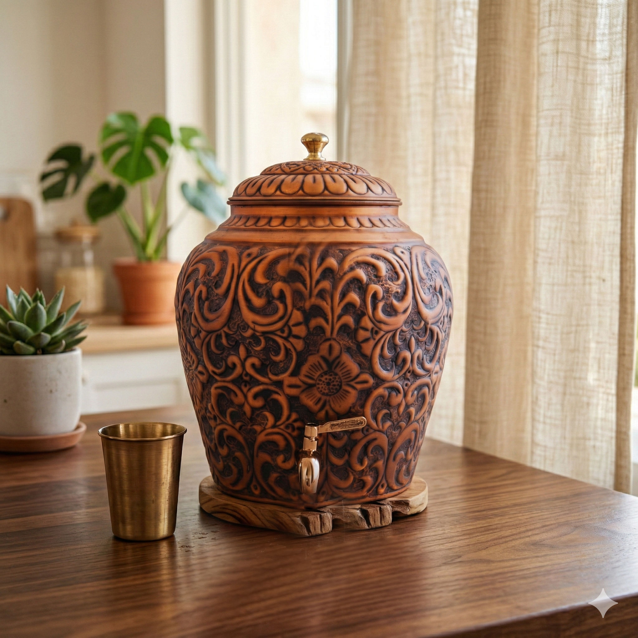 Pure Copper Water Pot Gold Darkmbossed